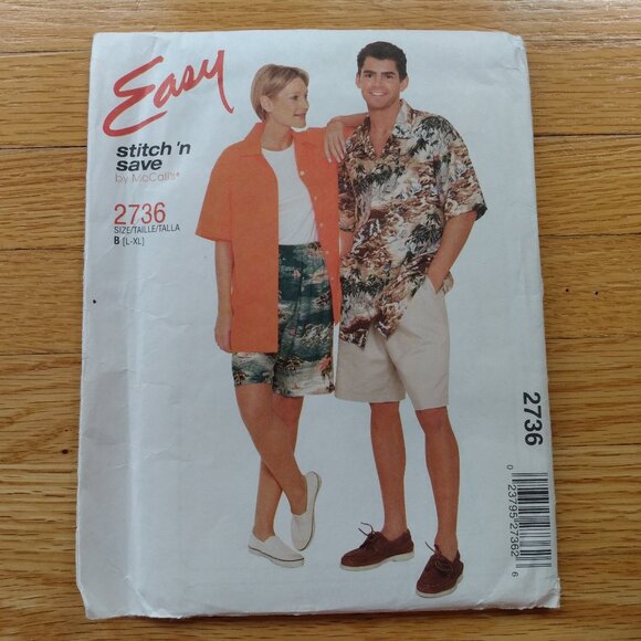 Vintage Shorts & Hawaiian Shirt Sewing Pattern UNCUT Unisex L-XL - Picture 1 of 10